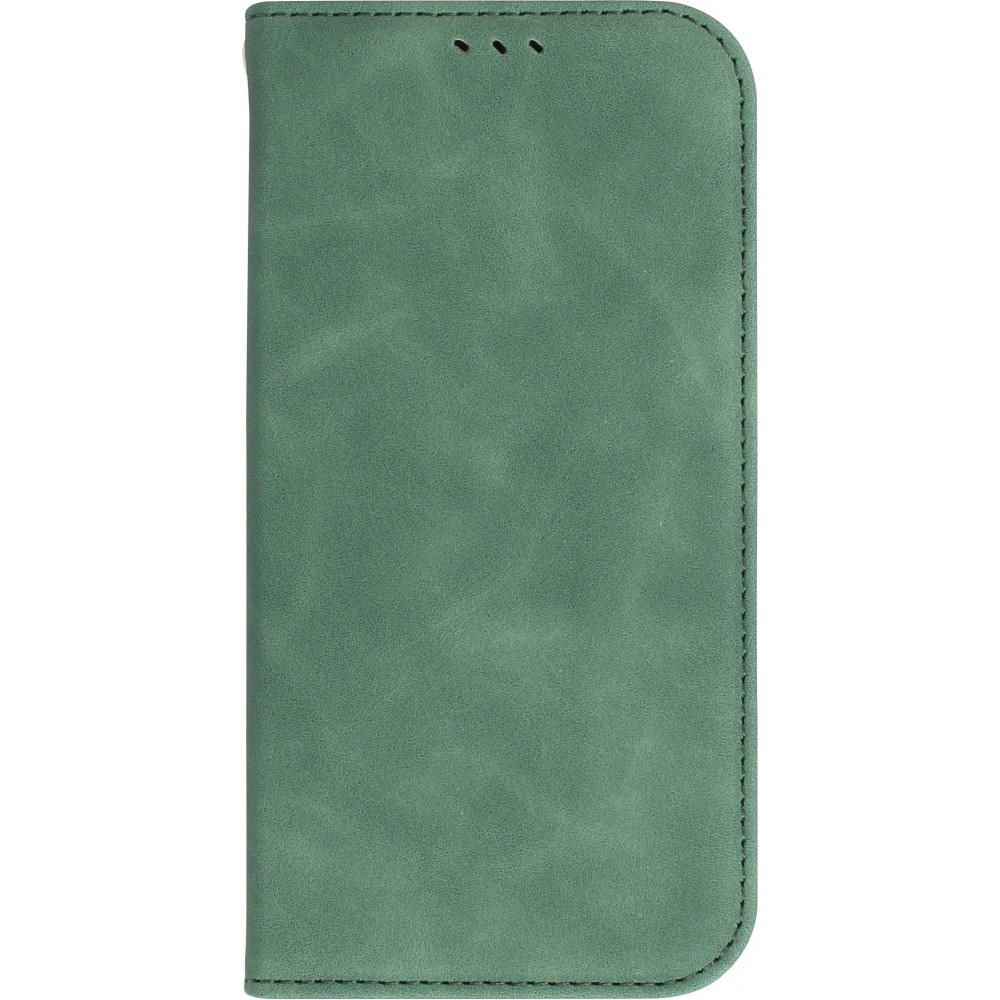 Etui cuir iPhone 15 Plus - Flip Wallet vintage avec fermeture aimantée et compartiment cartes - Vert foncé