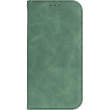 Etui cuir iPhone 15 Plus - Flip Wallet vintage avec fermeture aimantée et compartiment cartes - Vert foncé