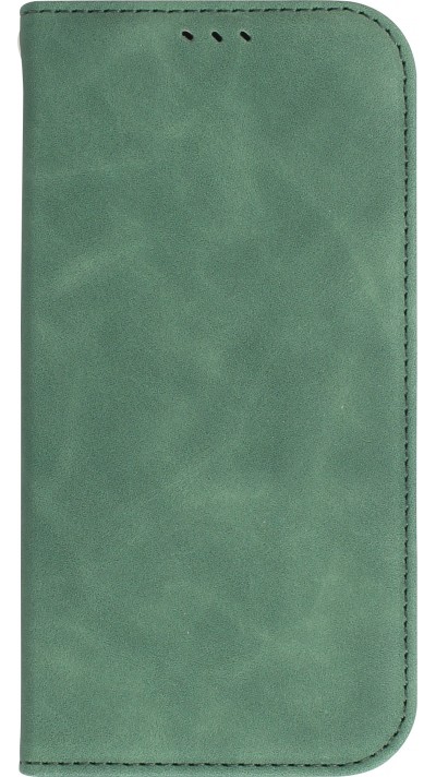 Etui cuir iPhone 15 Plus - Flip Wallet vintage avec fermeture aimantée et compartiment cartes - Vert foncé