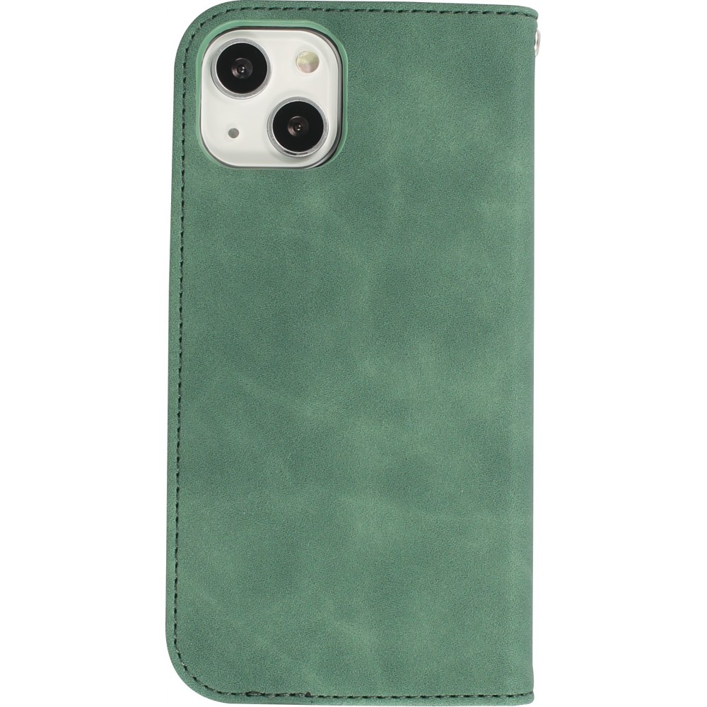 Etui cuir iPhone 15 Plus - Flip Wallet vintage avec fermeture aimantée et compartiment cartes - Vert foncé