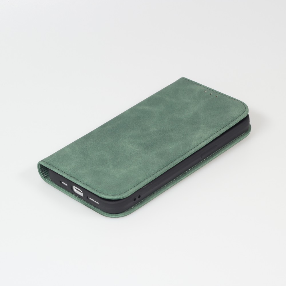 Etui cuir iPhone 15 Plus - Flip Wallet vintage avec fermeture aimantée et compartiment cartes - Vert foncé