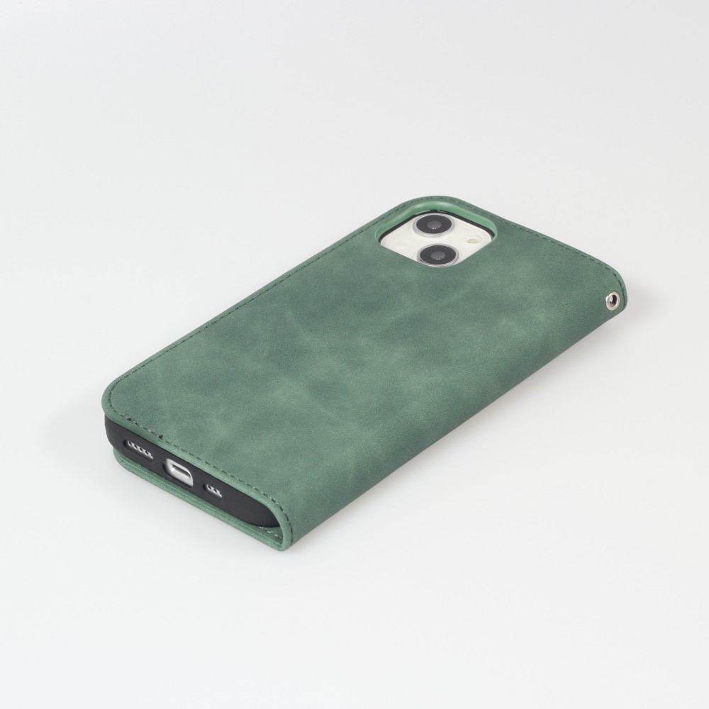 Etui cuir iPhone 15 Plus - Flip Wallet vintage avec fermeture aimantée et compartiment cartes - Vert foncé