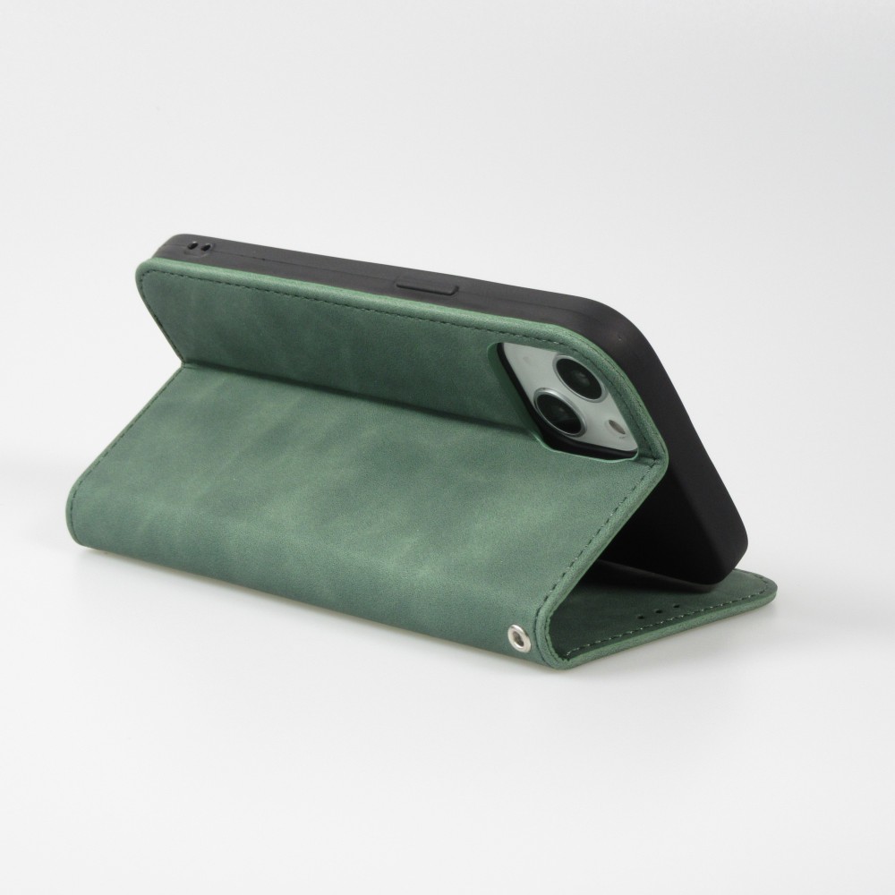 Etui cuir iPhone 15 Plus - Flip Wallet vintage avec fermeture aimantée et compartiment cartes - Vert foncé