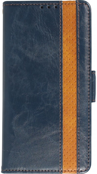 Etui cuir iPhone 13 Pro Max - Flip Wallet en cuir véritable avec stripe design et compartiment à cartes - Bleu