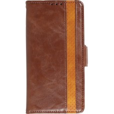 iPhone 13 Pro Leder Tasche - Flip Wallet Echtleder mit Akzentstreifen & Kartenhalter - Dunkel- Braun