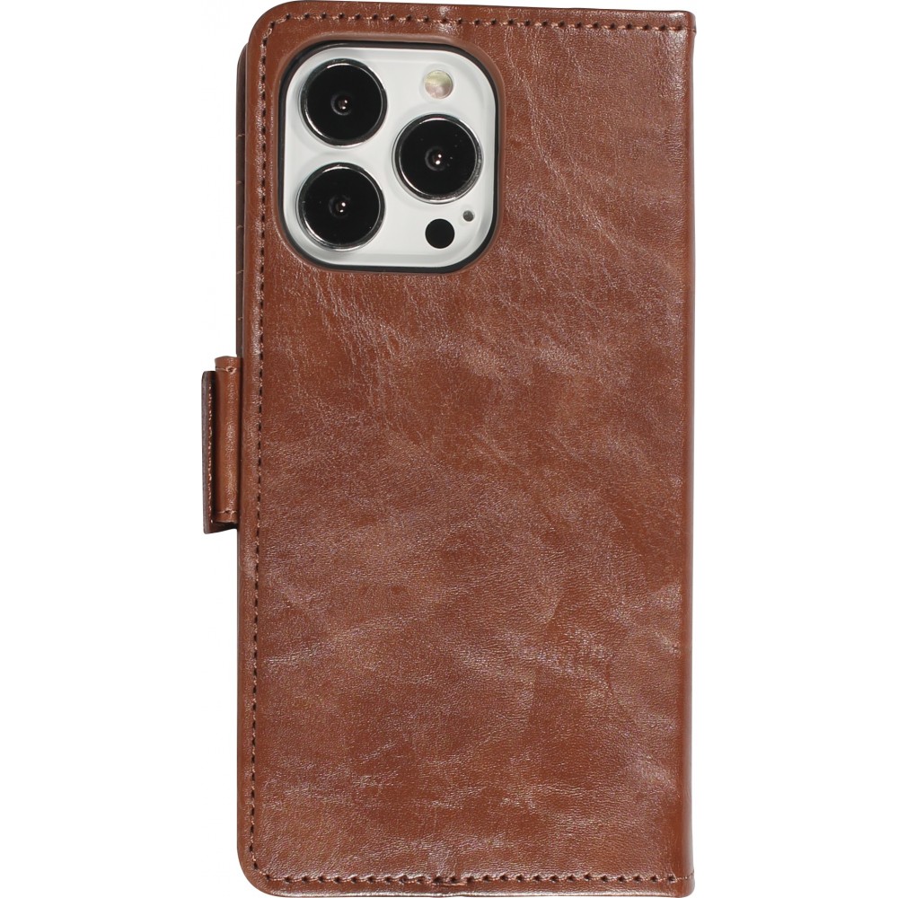 iPhone 13 Pro Leder Tasche - Flip Wallet Echtleder mit Akzentstreifen & Kartenhalter - Dunkel- Braun