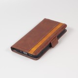 iPhone 13 Pro Leder Tasche - Flip Wallet Echtleder mit Akzentstreifen & Kartenhalter - Dunkel- Braun