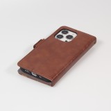 iPhone 13 Pro Leder Tasche - Flip Wallet Echtleder mit Akzentstreifen & Kartenhalter - Dunkel- Braun