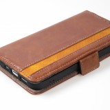 iPhone 13 Pro Leder Tasche - Flip Wallet Echtleder mit Akzentstreifen & Kartenhalter - Dunkel- Braun