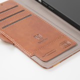 iPhone 13 Pro Leder Tasche - Flip Wallet Echtleder mit Akzentstreifen & Kartenhalter - Dunkel- Braun