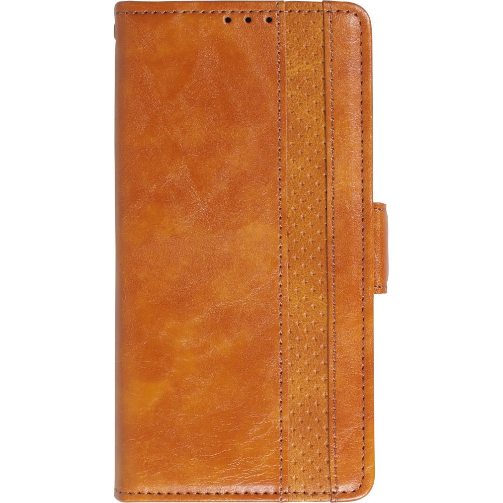 Etui cuir iPhone 16e - Flip Wallet en cuir véritable avec stripe design et compartiment à cartes - Brun