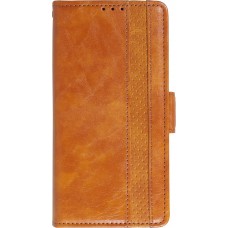 Etui cuir iPhone 16e - Flip Wallet en cuir véritable avec stripe design et compartiment à cartes - Brun