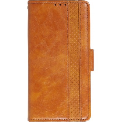 Etui cuir iPhone 13 Pro Max - Flip Wallet en cuir véritable avec stripe design et compartiment à cartes - Brun