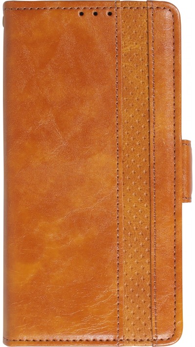 Etui cuir iPhone 16e - Flip Wallet en cuir véritable avec stripe design et compartiment à cartes - Brun
