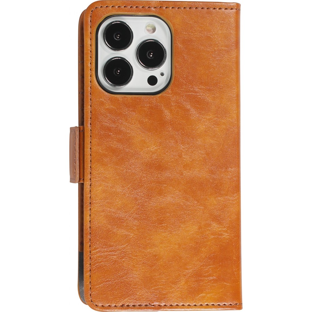 Etui cuir iPhone 16e - Flip Wallet en cuir véritable avec stripe design et compartiment à cartes - Brun