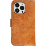 iPhone 13 Pro Leder Tasche - Flip Wallet Echtleder mit Akzentstreifen & Kartenhalter - Braun