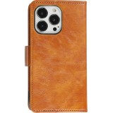 Etui cuir iPhone 16e - Flip Wallet en cuir véritable avec stripe design et compartiment à cartes - Brun