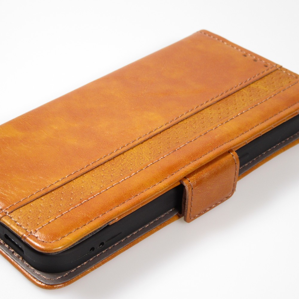 Etui cuir iPhone 16e - Flip Wallet en cuir véritable avec stripe design et compartiment à cartes - Brun