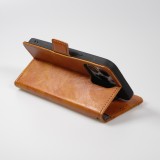 Etui cuir iPhone 16e - Flip Wallet en cuir véritable avec stripe design et compartiment à cartes - Brun