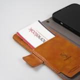 Etui cuir iPhone 16e - Flip Wallet en cuir véritable avec stripe design et compartiment à cartes - Brun