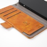 Etui cuir iPhone 13 Pro - Flip Wallet en cuir véritable avec stripe design et compartiment à cartes - Brun