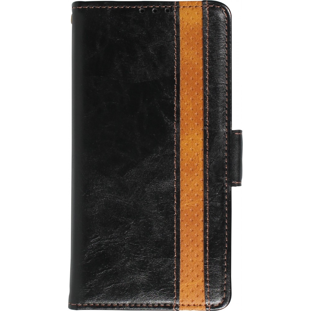 Etui cuir iPhone 16e - Flip Wallet en cuir véritable avec stripe design et compartiment à cartes - Noir