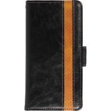 Etui cuir iPhone 16e - Flip Wallet en cuir véritable avec stripe design et compartiment à cartes - Noir