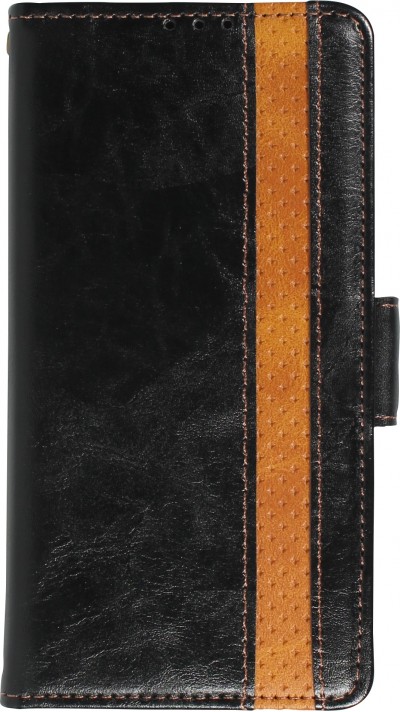 Etui cuir iPhone 16e - Flip Wallet en cuir véritable avec stripe design et compartiment à cartes - Noir