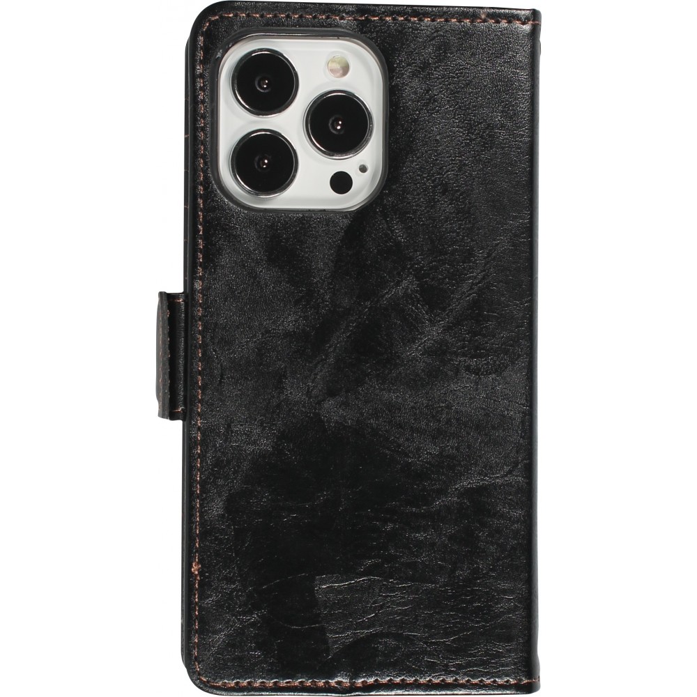 Etui cuir iPhone 16e - Flip Wallet en cuir véritable avec stripe design et compartiment à cartes - Noir