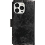 Etui cuir iPhone 16e - Flip Wallet en cuir véritable avec stripe design et compartiment à cartes - Noir