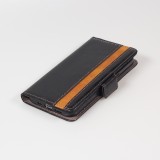 Etui cuir iPhone 16e - Flip Wallet en cuir véritable avec stripe design et compartiment à cartes - Noir