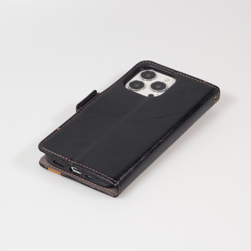 Etui cuir iPhone 16e - Flip Wallet en cuir véritable avec stripe design et compartiment à cartes - Noir