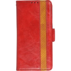 Etui cuir iPhone 13 Pro Max - Flip Wallet en cuir véritable avec stripe design et compartiment à cartes - Rouge