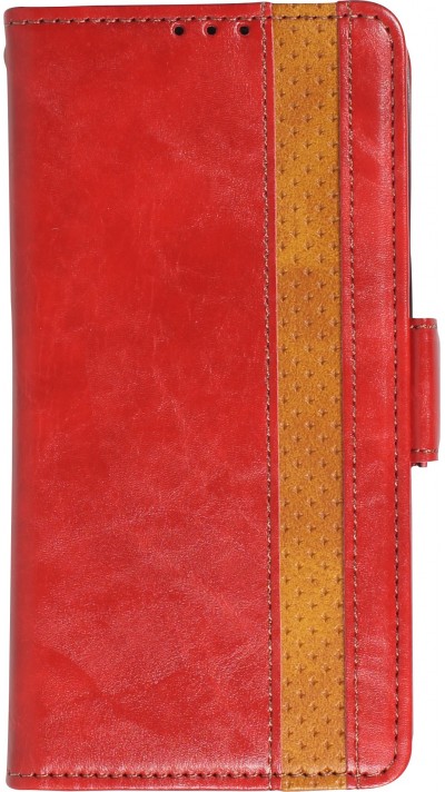 iPhone 13 Pro Max Leder Tasche - Flip Wallet Echtleder mit Akzentstreifen & Kartenhalter - Rot