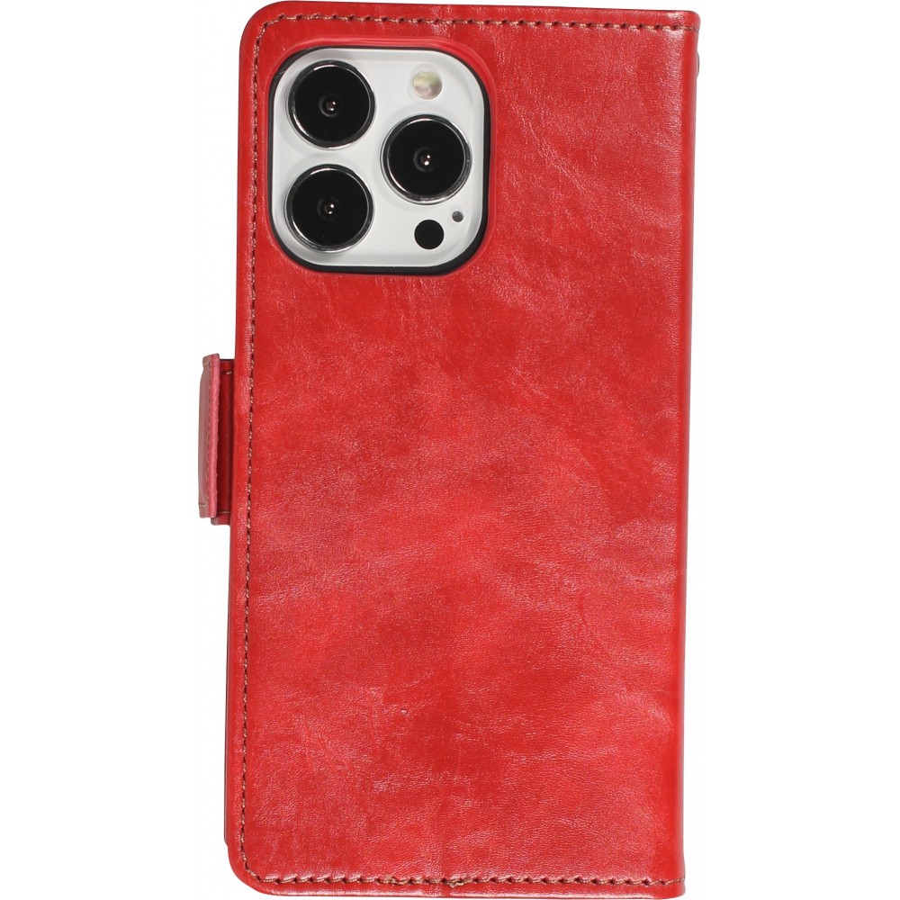 Etui cuir iPhone 13 Pro Max - Flip Wallet en cuir véritable avec stripe design et compartiment à cartes - Rouge