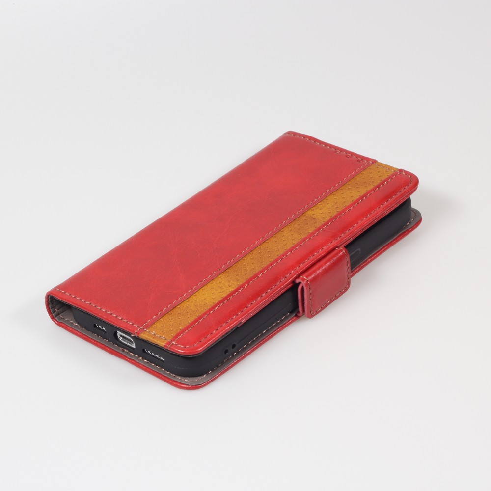 iPhone 13 Pro Leder Tasche - Flip Wallet Echtleder mit Akzentstreifen & Kartenhalter - Rot
