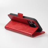 iPhone 13 Pro Max Leder Tasche - Flip Wallet Echtleder mit Akzentstreifen & Kartenhalter - Rot