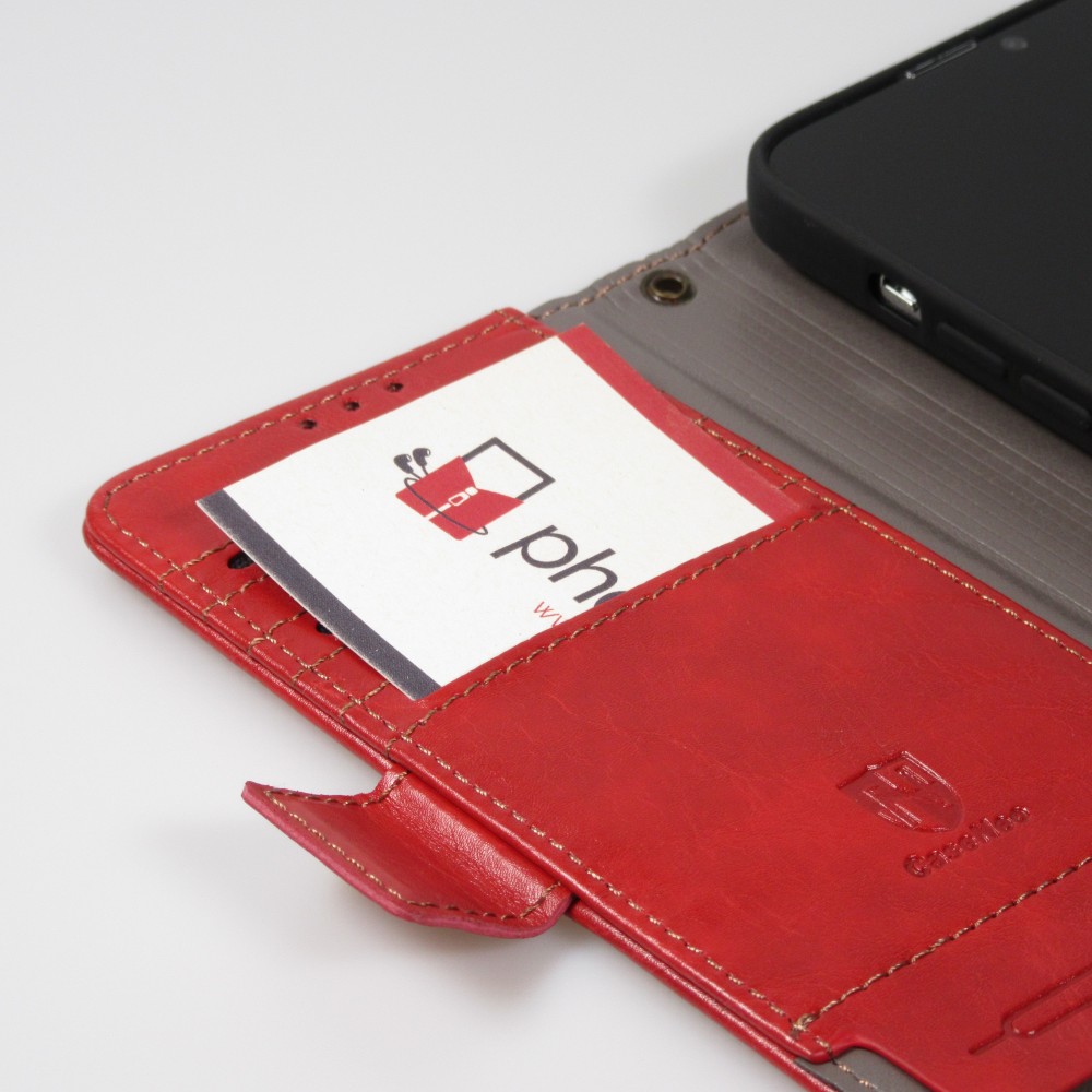 iPhone 13 Pro Leder Tasche - Flip Wallet Echtleder mit Akzentstreifen & Kartenhalter - Rot