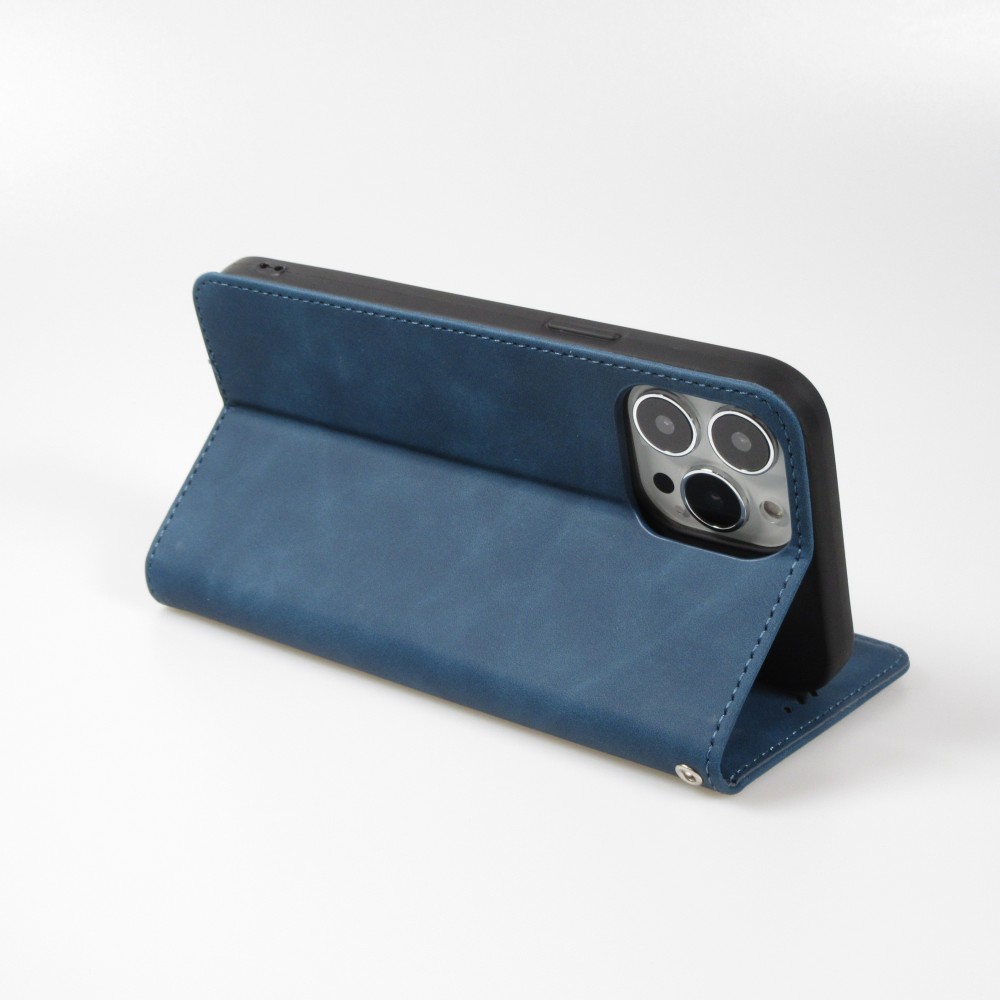 Etui cuir iPhone 13 Pro - Flip Wallet vintage avec fermeture aimantée et compartiment cartes - Bleu