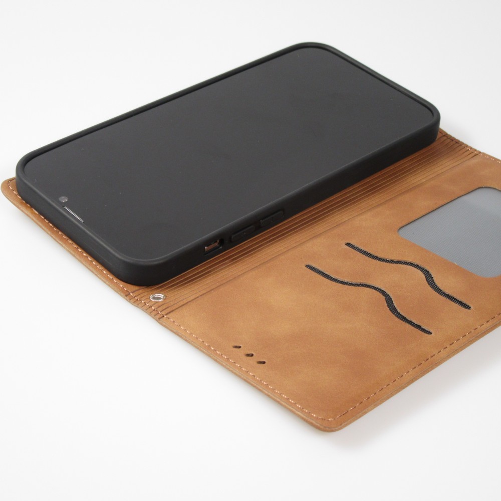 Etui cuir iPhone 16e - Flip Wallet vintage avec fermeture aimantée et compartiment cartes - Brun