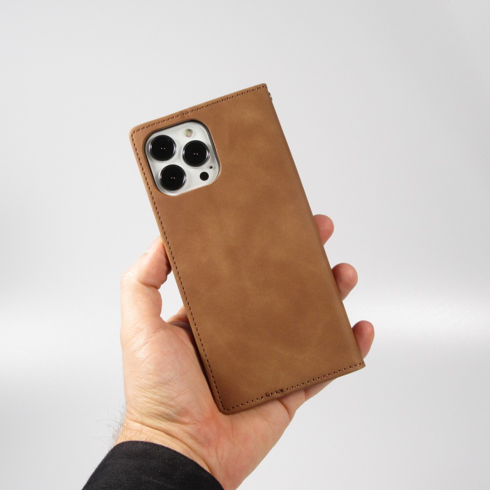 Etui cuir iPhone 16e - Flip Wallet vintage avec fermeture aimantée et compartiment cartes - Brun