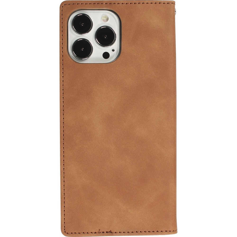 Etui cuir iPhone 15 Pro - Flip Wallet vintage avec fermeture aimantée et compartiment cartes - Brun