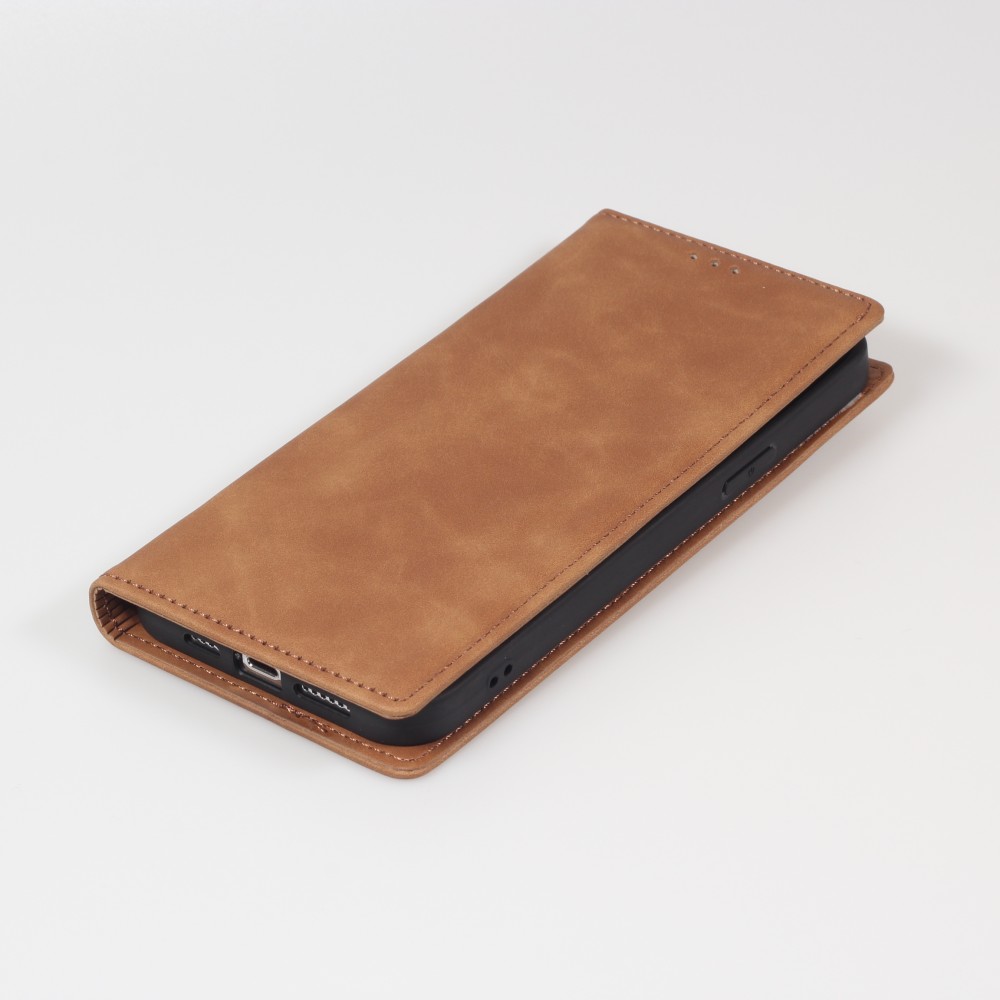 Etui cuir iPhone 15 Pro - Flip Wallet vintage avec fermeture aimantée et compartiment cartes - Brun