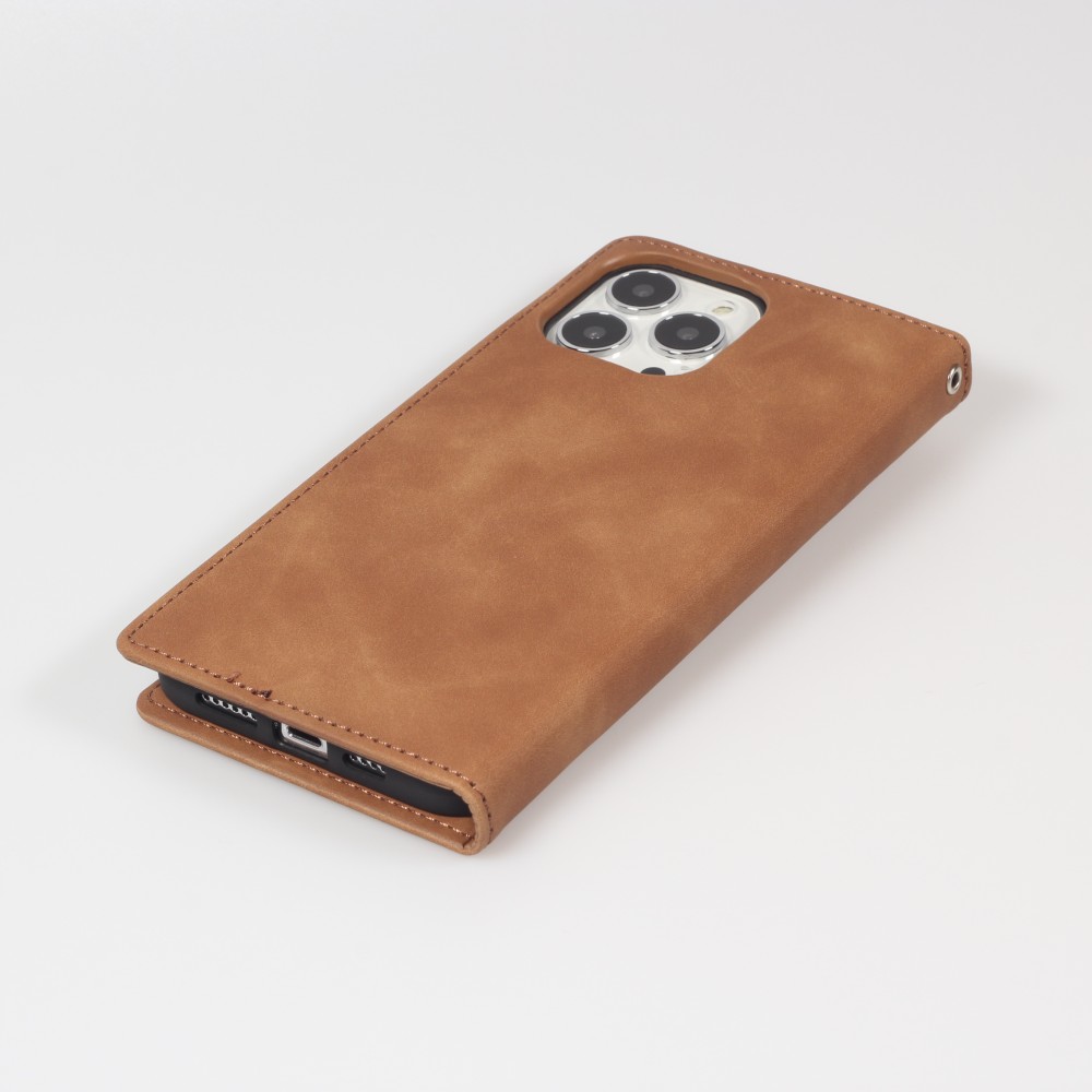 Etui cuir iPhone 15 Pro - Flip Wallet vintage avec fermeture aimantée et compartiment cartes - Brun