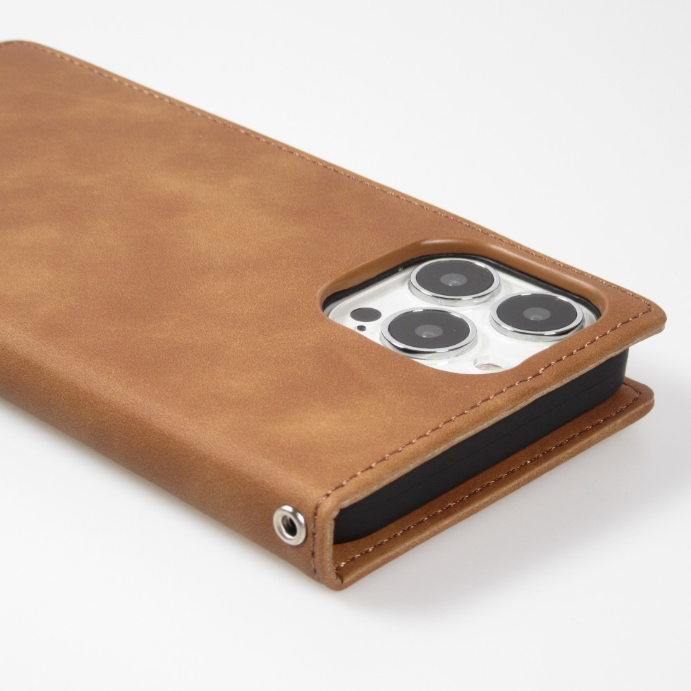 Etui cuir iPhone 15 Pro - Flip Wallet vintage avec fermeture aimantée et compartiment cartes - Brun