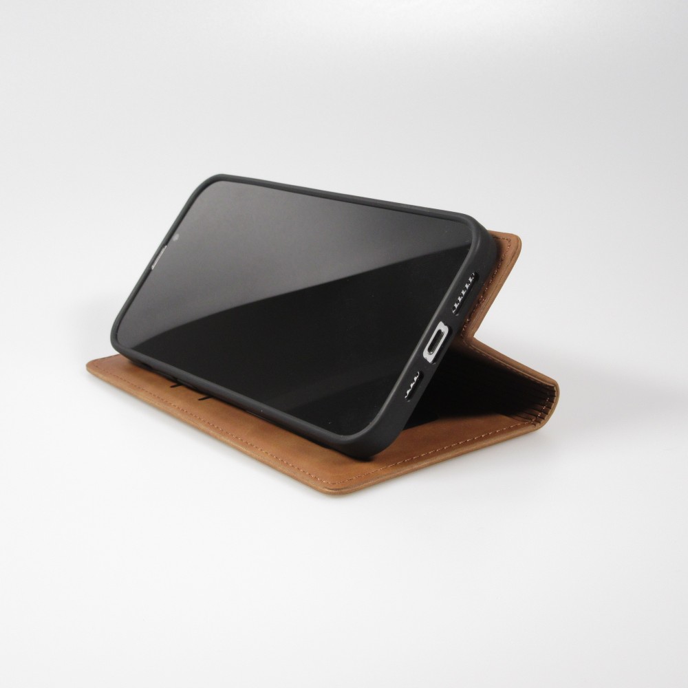 Etui cuir iPhone 16e - Flip Wallet vintage avec fermeture aimantée et compartiment cartes - Brun
