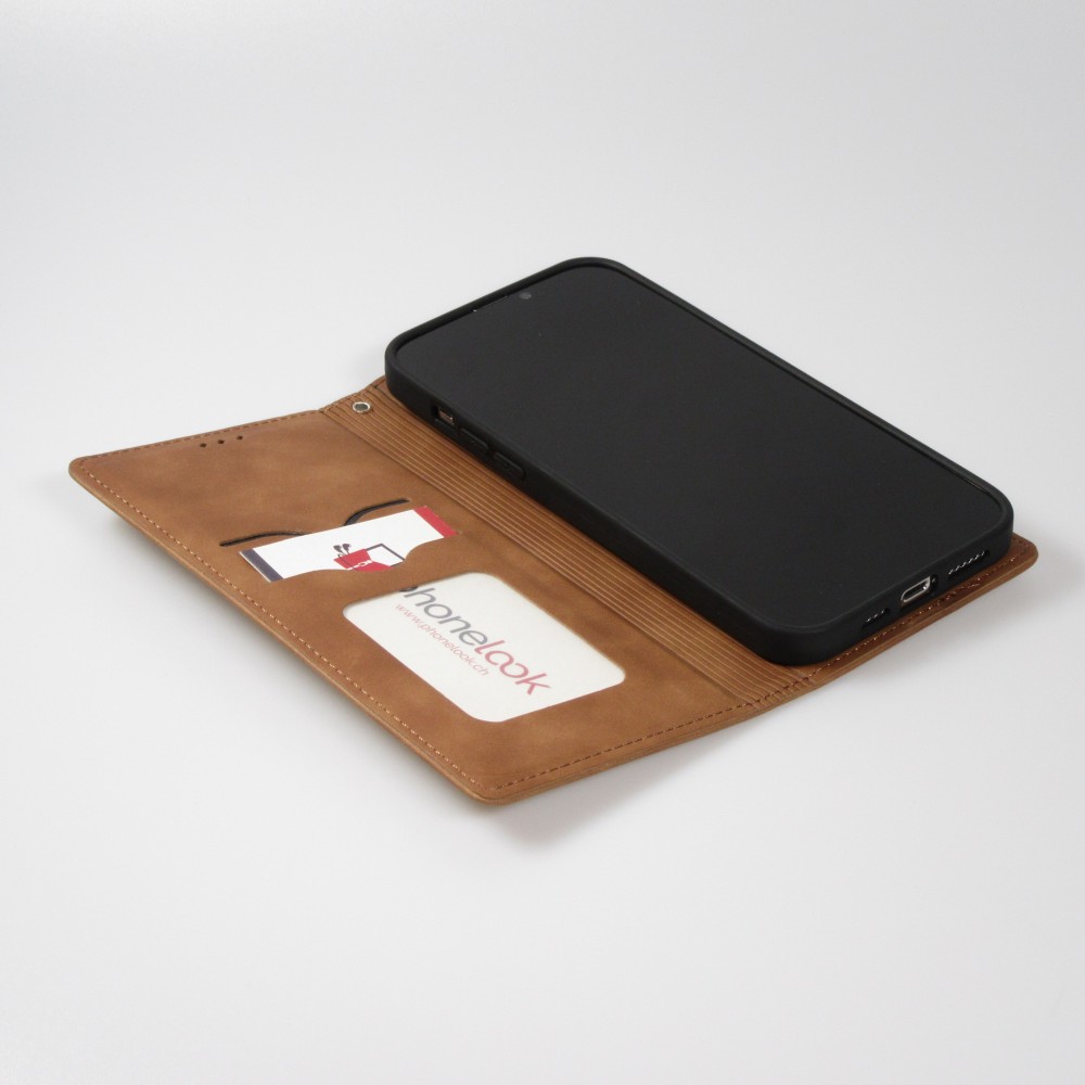 Etui cuir iPhone 15 Pro - Flip Wallet vintage avec fermeture aimantée et compartiment cartes - Brun