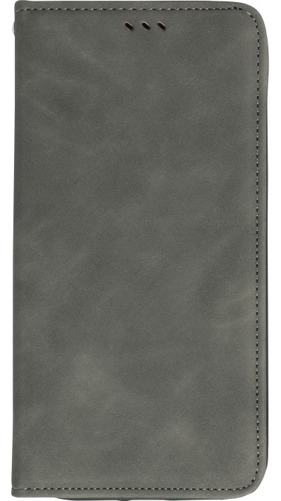 Etui cuir iPhone 15 Pro Max - Flip Wallet vintage avec fermeture aimantée et compartiment cartes - Gris