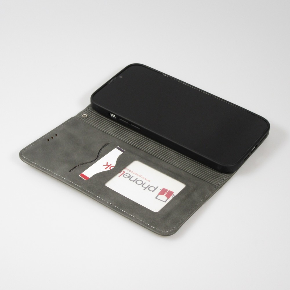 Leder Tasche Case iPhone 13 Pro - Flip Wallet vintage mit Magnetverschluss und Kartenhalter - Grau