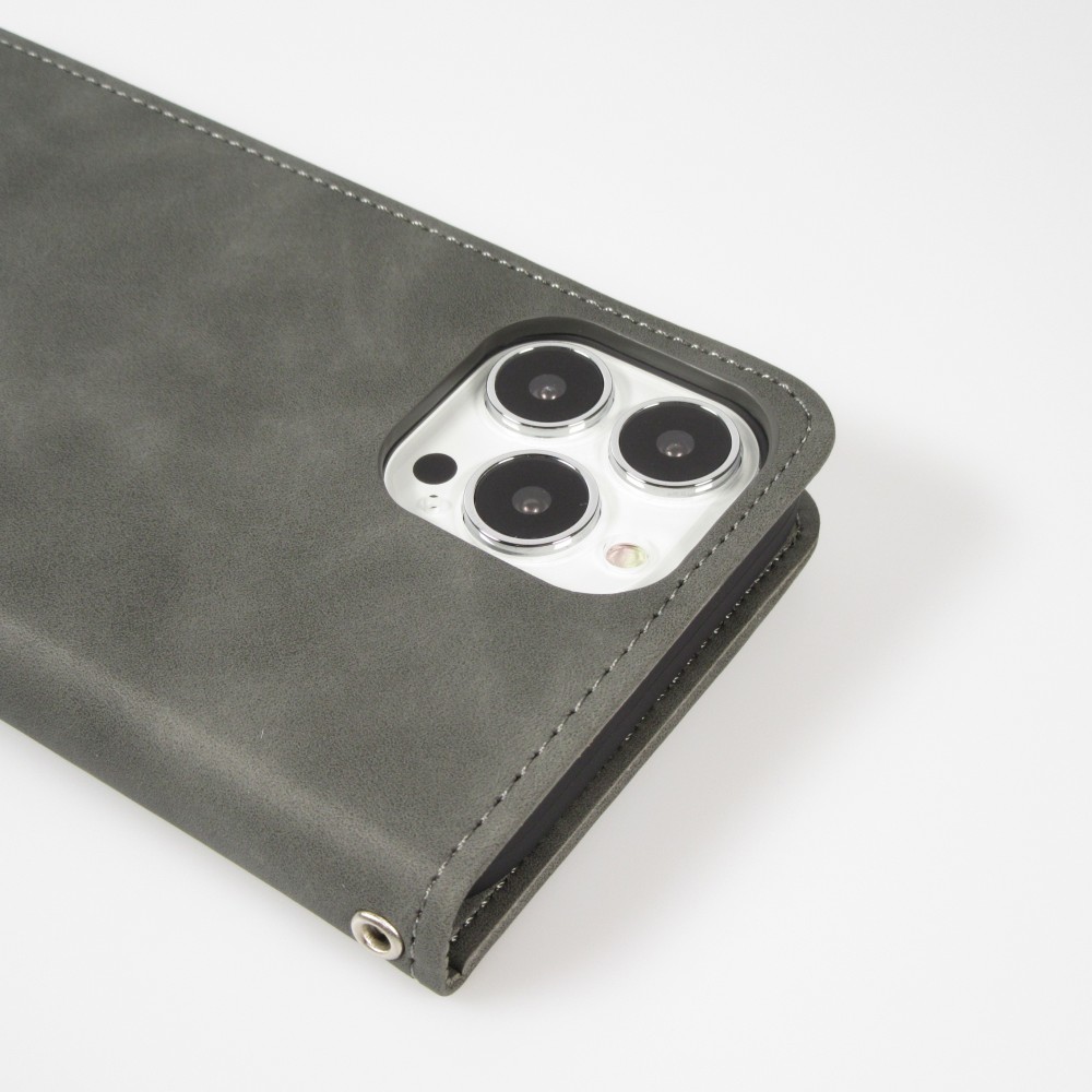Leder Tasche Case iPhone 15 Pro - Flip Wallet vintage mit Magnetverschluss und Kartenhalter - Grau